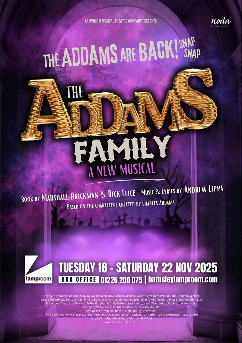 Lamproom Musical Theatre Company (@lamproommtc) on Twitter photo TICKETS ARE NOW ON SALE! π£ππ₯³
The Addams Family are back! π«°πͺ¦
Get your tickets from the link below or by calling the box office:
π The Addams Family
π 18th - 22nd November 2025
π The Lamproom Theatre
π 01226 200075
π» barnsleylamproom.ticketsolve.com/ticketbooth/shβ¦
#theaddamsfamily #musical TICKETS ARE NOW ON SALE! π£ππ₯³
The Addams Family are back! π«°πͺ¦
Get your tickets from the link below or by calling the box office:
π The Addams Family
π 18th - 22nd November 2025
π The Lamproom Theatre
π 01226 200075
π» barnsleylamproom.ticketsolve.com/ticketbooth/shβ¦
#theaddamsfamily #musical