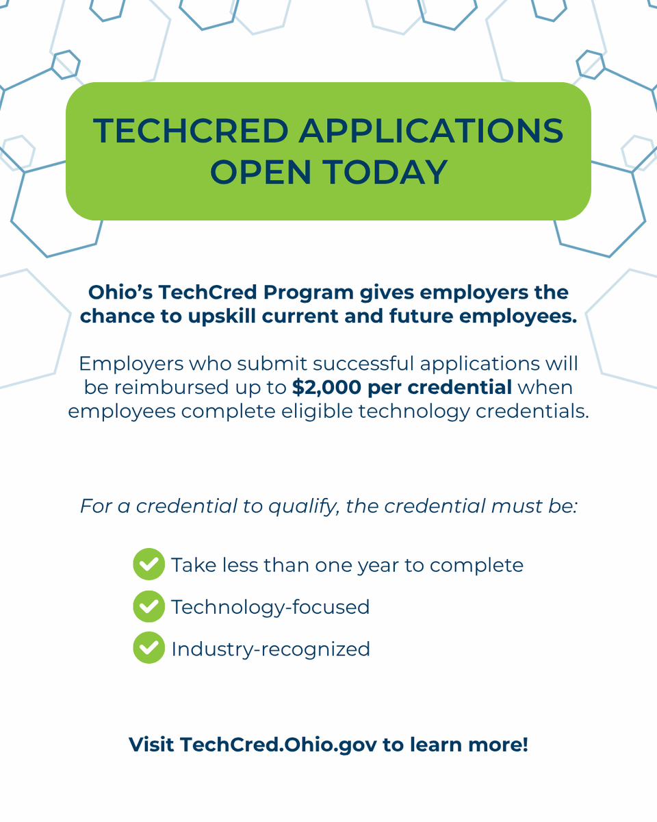 TechCred Applications open TODAY and will remain open until July 31st at 3:00 p.m.

Apply here: techcred.ohio.gov/apply

#TechCred
