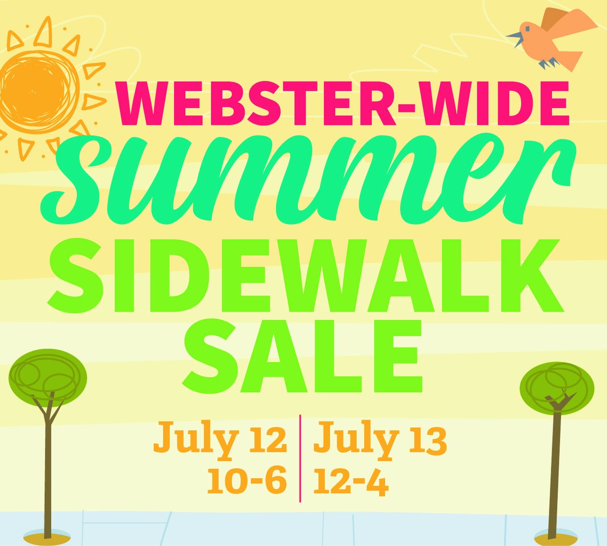 TWO Days of bargains are waiting for you at the Webster Summer Sidewalk Sale; inside &amp; out at 23 participating independent local businesses. Shop, dine, &amp; discover all that Webster Groves has to offer.
Saturday, July 12th, 10:00-6:00
Sunday, July 13th, Noon-4:00