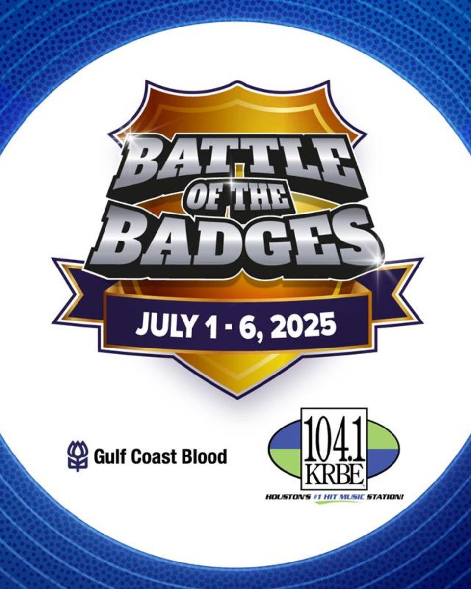 Turn up the good vibes and help your team win! 🎶Donate blood during our 104.1 KRBE and Gulf Coast Blood Center partnership to support Police or Fire. 🚓🔥 Your donation saves lives and scores you a $25 eGift card, a Gulf Coast Blood T-shirt, one Dig World ticket, and if you