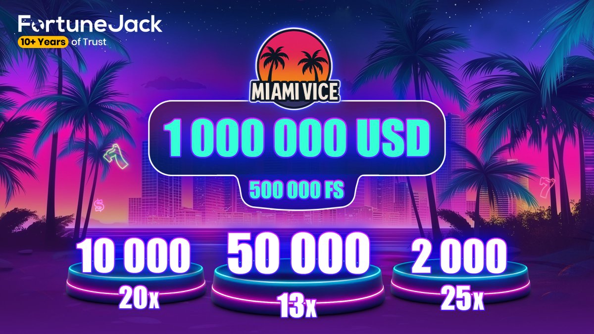 fortunejackcom's tweet image. Crank up the synth-wave! 🌴 Our new "Miami Vice" Monthly Tournament is LIVE!

We're putting a massive prize pool on the table:
💰 $1,000,000 USD
🎰 500,000 Free Spins

Are you in? 😎 Join the action now!
👉 fortunejack.com/promotions/mia…