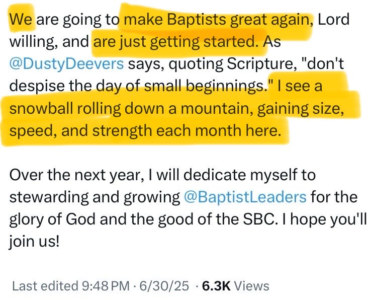 Janet Mefferd (@janet_mefferd) on Twitter photo Well, <a href="/William_E_Wolfe/">William Wolfe 🇺🇸</a> is out with a prolix post on AmRef’s delusional plans for the SBC in ‘26.
Predictably, he minimizes AmRef’s losses, projects its “subversive” status onto others and puts poor “Billy Baptists” in his crosshairs.
This is all takeover talk. God is irrelevant. Well, <a href="/William_E_Wolfe/">William Wolfe 🇺🇸</a> is out with a prolix post on AmRef’s delusional plans for the SBC in ‘26.
Predictably, he minimizes AmRef’s losses, projects its “subversive” status onto others and puts poor “Billy Baptists” in his crosshairs.
This is all takeover talk. God is irrelevant.