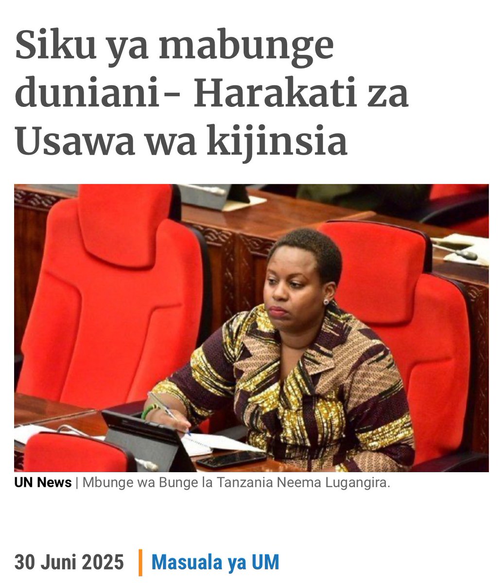 Neema Lugangira (@neemalugangira) on Twitter photo Ilikuwa heshima kubwa kuhojiwa na <a href="/HabarizaUN/">Habari za UN</a> Siku ya Kimataifa ya Mabunge, Juni 30. Nilielezea nafasi ya Wabunge Wanawake kuchagiza usawa wa kijinsia kwenye siasa kwa lengo la kuongeza uwakilishi wa wanawake. Ukatili wa Kijinsia kwenye Uchaguzi kuwa Kosa la Uchaguzi ni moja ya Ilikuwa heshima kubwa kuhojiwa na <a href="/HabarizaUN/">Habari za UN</a> Siku ya Kimataifa ya Mabunge, Juni 30. Nilielezea nafasi ya Wabunge Wanawake kuchagiza usawa wa kijinsia kwenye siasa kwa lengo la kuongeza uwakilishi wa wanawake. Ukatili wa Kijinsia kwenye Uchaguzi kuwa Kosa la Uchaguzi ni moja ya