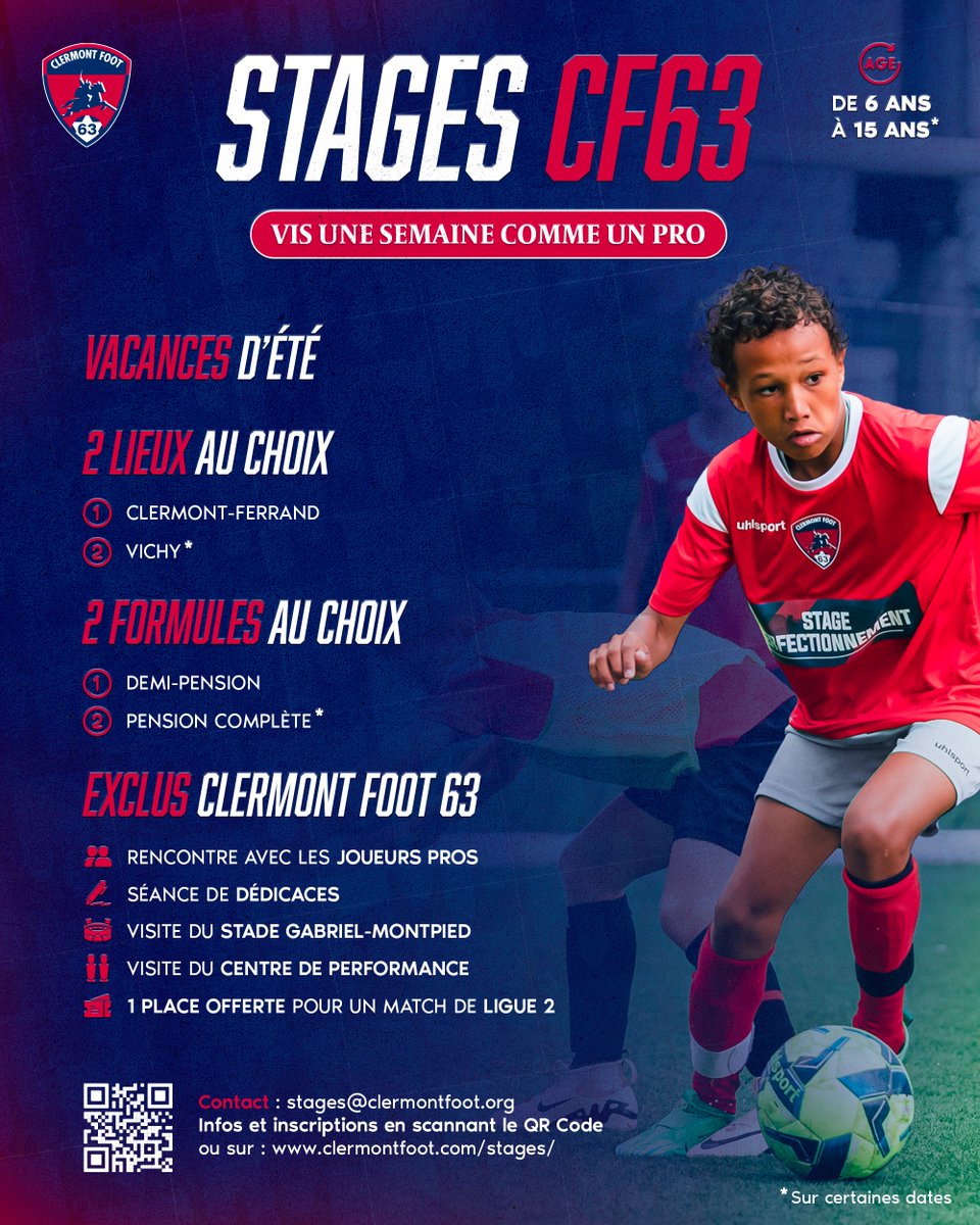 Clermont Foot 63 (@clermontfoot) on Twitter photo ๐๐จ๐ญ๐ซ๐ ๐๐ง๐๐๐ง๐ญ ๐ฏ๐๐ฎ๐ญ ๐ฉ๐ซ๐จ๐๐ข๐ญ๐๐ซ ๐'๐ฎ๐ง๐ ๐๐ฑ๐ฉ๐ฬ๐ซ๐ข๐๐ง๐๐ ๐๐
๐๐ ? ๐ด๐ต
Offrez-lui une semaine unique avec les stages d'รฉtรฉ โฝ๏ธ
Au programme :
๐ Sรฉances encadrรฉes par nos รฉducateurs diplรดmรฉs
๐๏ธ Visite du stade Gabriel-Montpied
๐ค Rencontre avec les ๐๐จ๐ญ๐ซ๐ ๐๐ง๐๐๐ง๐ญ ๐ฏ๐๐ฎ๐ญ ๐ฉ๐ซ๐จ๐๐ข๐ญ๐๐ซ ๐'๐ฎ๐ง๐ ๐๐ฑ๐ฉ๐ฬ๐ซ๐ข๐๐ง๐๐ ๐๐
๐๐ ? ๐ด๐ต
Offrez-lui une semaine unique avec les stages d'รฉtรฉ โฝ๏ธ
Au programme :
๐ Sรฉances encadrรฉes par nos รฉducateurs diplรดmรฉs
๐๏ธ Visite du stade Gabriel-Montpied
๐ค Rencontre avec les