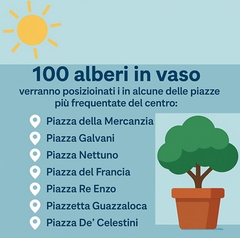 🌳 Bologna Verde! ☀️
Per aumentare le zone d'ombra nel centro storico il Comune metterà degli alberi come misura di emergenza temporanea facente parte del piano generale di interventi previsti da Bologna Verde.

#BolognaVerde #PROTEZIONECIVILE