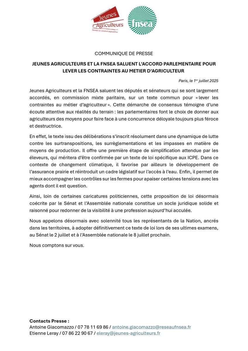 La FNSEA (@fnsea) on Twitter photo 🗞️Communiqué | #LoiContraintes : " <a href="/JeunesAgri/">Jeunes Agriculteurs</a> et la #FNSEA saluent l’accord parlementaire pour lever les contraintes au métier d’agriculteur" 🏛️🚜
🔗 fnsea.fr/communiques-de…
-
👉 Jeunes Agriculteurs et la FNSEA saluent les députés et sénateurs qui se sont largement accordés, en 🗞️Communiqué | #LoiContraintes : " <a href="/JeunesAgri/">Jeunes Agriculteurs</a> et la #FNSEA saluent l’accord parlementaire pour lever les contraintes au métier d’agriculteur" 🏛️🚜
🔗 fnsea.fr/communiques-de…
-
👉 Jeunes Agriculteurs et la FNSEA saluent les députés et sénateurs qui se sont largement accordés, en