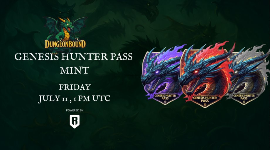 🚨@theDungeonbound Genesis Hunter Pass NFT Minting on July 11, 1pm UTC!

Total Supply: 222 NFT
Mint Price: FREE
Where: Opensea

No WL for the upcoming Minting? Don't worry! Genesis Hunter Pass giveaway happening soon on our Discord server 😉

Join us here: discord.gg/ESN5nBfCDT
