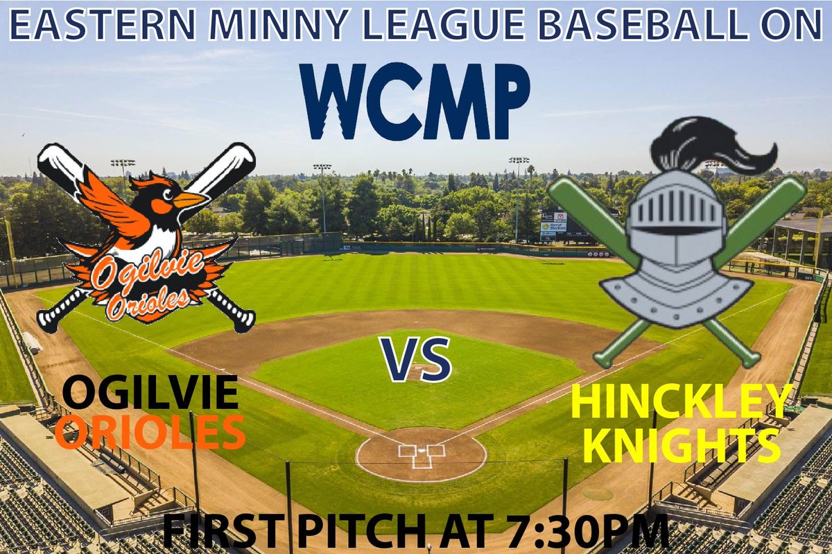Town Ball action tonight on WCMP!

Ogilvie Orioles at Hinckley Knights 7:30PM
Listen live on 106.5FM-AM1350
Watch live at: youtube.com/live/2wp07Y--8…

<a href="/CoachHasz/">Ted Hasz</a> 
<a href="/HinckleyKnights/">Hinckley Knights</a>