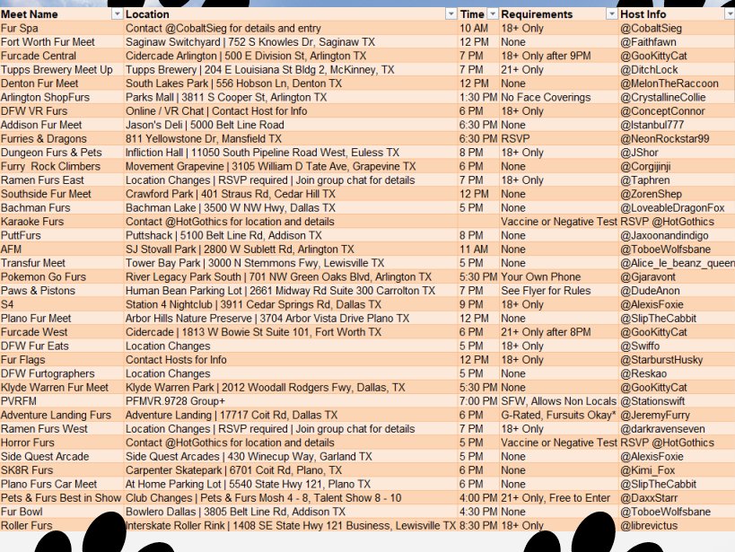 DFWFurs's tweet image. The July furmeet calendar is here #DFWFurs!

Please refer to the key to see organizers, locations, and requirements to attend for each meet! ❤️🐾