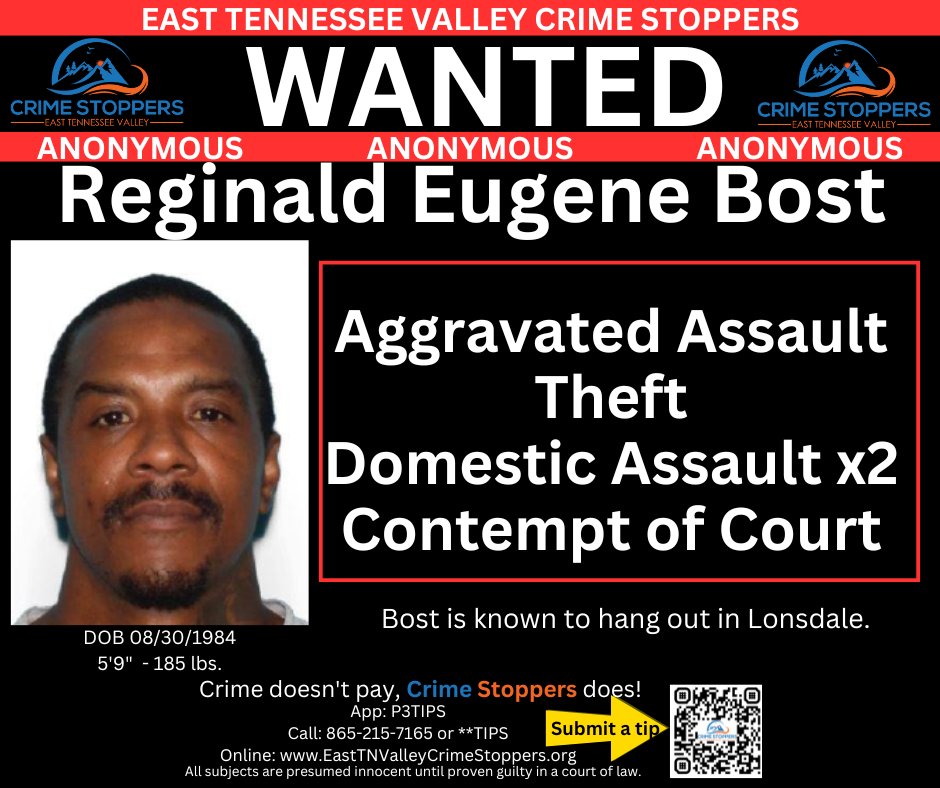 🚨 #WANTED: Reginal Bost 🚨

Wanted by <a href="/Knoxville_PD/">Knoxville Police TN</a> on multiple charges incl. aggravated assault.

Know where he is? Stay anonymous &amp; submit a tip to East TN Valley Crime Stoppers.

💰 You could earn a cash reward. #CrimeStoppers #EastTNValleyCrimeStoppers #knoxville