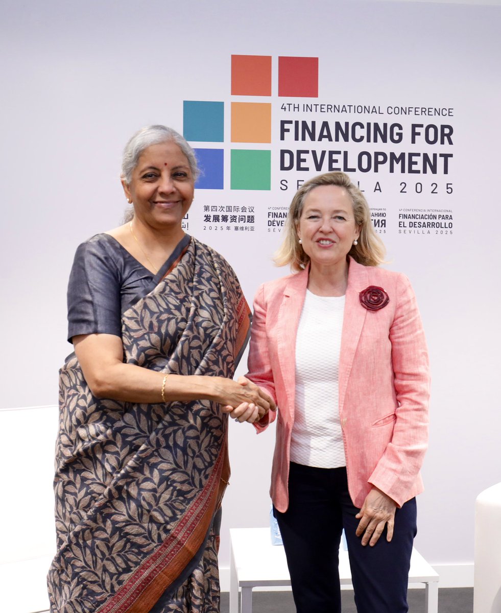 FinMinIndia's tweet photo. Union Minister for Finance and Corporate Affairs Smt. @nsitharaman met with Ms. @NadiaCalvino, President of the European Investment Bank Group @EIB @EIF_EU, on the sidelines of the #FFD4 meetings, in Seville, Spain today. 

During the meeting, discussions were held on wide-ranging issues, including EIB’s expanding portfolio in India — seven metro projects and one urban rail project, diversifying in other sectors such as water & sanitation.

Recognising India’s strength in digitalisation and its role in promoting economic growth and inclusivity, Smt. @nsitharaman and Ms. @NadiaCalvino discussed the scope for partnering in third countries in this field and other areas. 

Ms. @NadiaCalvino looked forward to further strengthening of partnership between EIB and India.
