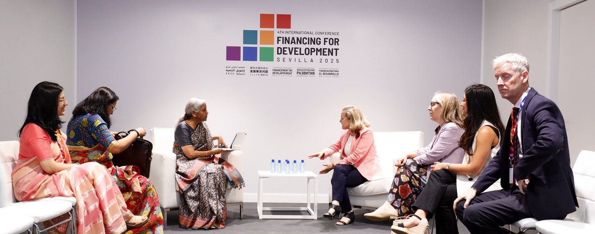 Union Minister for Finance and Corporate Affairs Smt. <a href="/nsitharaman/">Nirmala Sitharaman</a> met with Ms. <a href="/NadiaCalvino/">Nadia Calviño</a>, President of the European Investment Bank Group <a href="/EIB/">European Investment Bank</a> <a href="/EIF_EU/">European Investment Fund</a>, on the sidelines of the #FFD4 meetings, in Seville, Spain today. 

During the meeting, discussions were held on