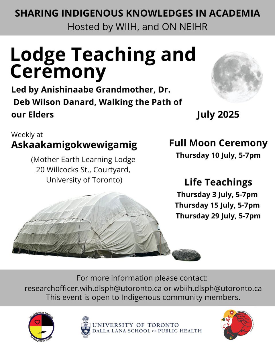 Waakebiness Institute for Indigenous Health (@wbiih_) on Twitter photo Lodge Teaching and Ceremony. Led by Elder Dr. Deb Danard at Askaakamigokwewigamig (20 Willcocks St. Courtyard, University of Toronto).
๐๏ธ Thursday, July 3, 2025
๐ 20 Willcocks
๐ 5-7 PM Lodge Teaching and Ceremony. Led by Elder Dr. Deb Danard at Askaakamigokwewigamig (20 Willcocks St. Courtyard, University of Toronto).
๐๏ธ Thursday, July 3, 2025
๐ 20 Willcocks
๐ 5-7 PM