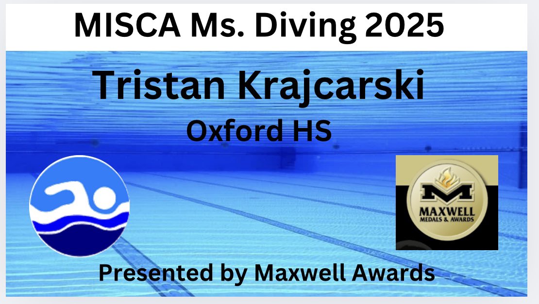 MISCA (@miscaswim) on Twitter photo Congratulations to our
2025 MISCA
Mr. and Ms. Divers
Tristan Krajcarski - Oxford
Jack Olivier - Byron Center
Thank you Maxwell for sponsoring this award!
<a href="/swimswamnews/">SwimSwam</a> <a href="/detnews/">DetroitNews</a> <a href="/freepsports/">Freep Sports</a> Congratulations to our
2025 MISCA
Mr. and Ms. Divers
Tristan Krajcarski - Oxford
Jack Olivier - Byron Center
Thank you Maxwell for sponsoring this award!
<a href="/swimswamnews/">SwimSwam</a> <a href="/detnews/">DetroitNews</a> <a href="/freepsports/">Freep Sports</a>