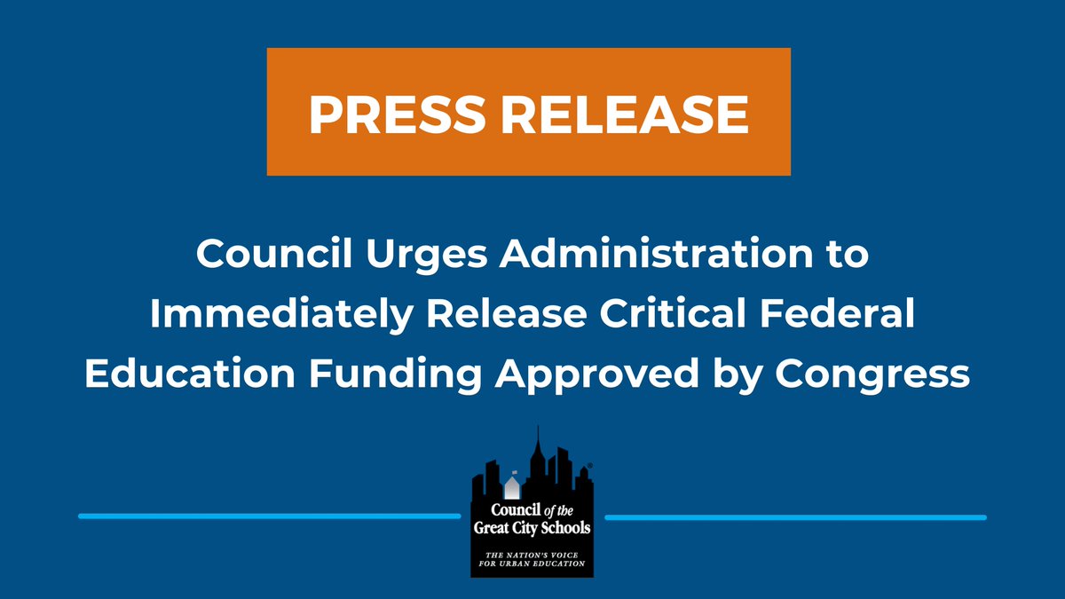 The Council of the Great City Schools urges the U.S. Dept. of Education &amp; OMB to immediately release funding approved by Congress &amp; signed by President Trump in March. Read full press release: bit.ly/3G4VRZV