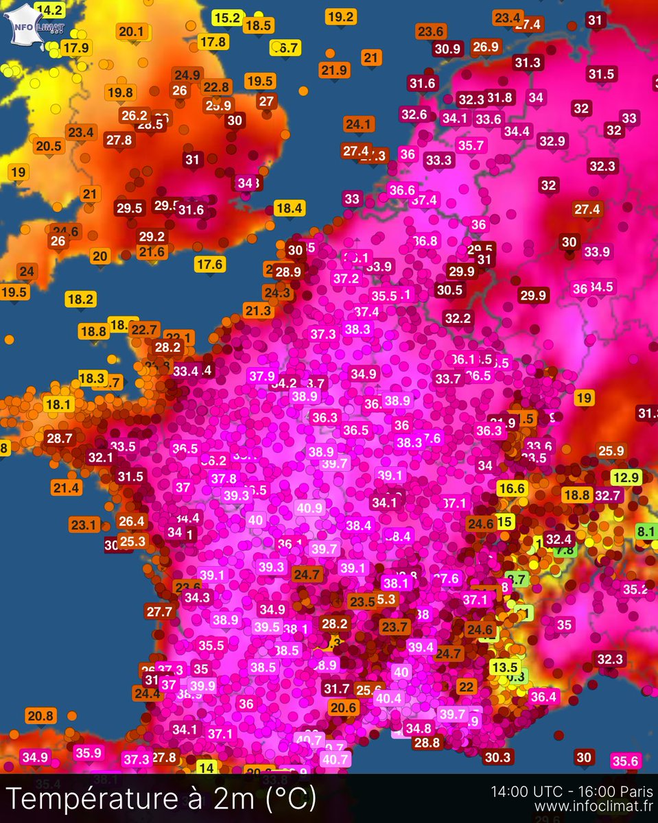 Extraordinary levels of heat across a huge area of France where temperatures are closing in or exceeding 40°C. 

The heatwave here will peak tomorrow with 41-43°C possible.