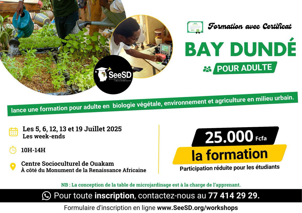 🎋 Formation Micro Jardinage – Bay Dundé 🌱

Du 5 au 19 juillet (uniquement les samedis et dimanches) au Centre socioculturel de Ouakam.

🌾Venez apprendre avec nous la confection du supports de culture, les semis, entretien, astuces durables!

📞 77 414 29 29 – Places limitées !