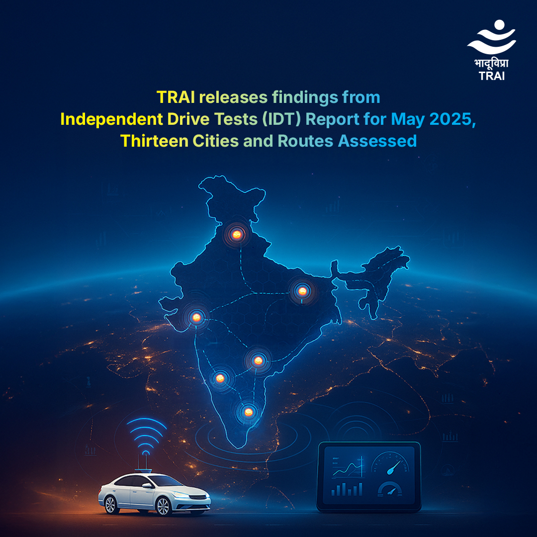#TRAI conducted Independent Drive Tests in May 2025 across 13 cities.
Voice &amp; data services across all service providers were tested in real-world settings for call drops, download speed &amp; video streaming.

Read to know more: trai.gov.in/notifications/…

#DigitalIndia