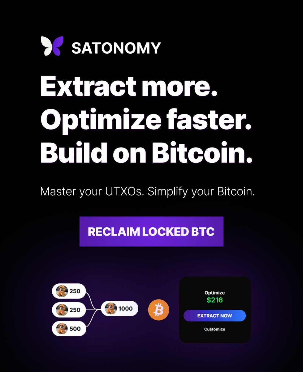 Satonomy (@satonomy) on Twitter photo Bitcoin isn’t complex, it’s just messy
Managing UTXOs, Ordinals, Runes, Rare Sats, Alkanes… it’s a nightmare
Satonomy fixes that
✅ Visually structure your UTXOs
✅ Extract locked BTC
✅ Merge and split to clean your wallet
✅ All in one interface. No scripts. No stress. Bitcoin isn’t complex, it’s just messy
Managing UTXOs, Ordinals, Runes, Rare Sats, Alkanes… it’s a nightmare
Satonomy fixes that
✅ Visually structure your UTXOs
✅ Extract locked BTC
✅ Merge and split to clean your wallet
✅ All in one interface. No scripts. No stress.