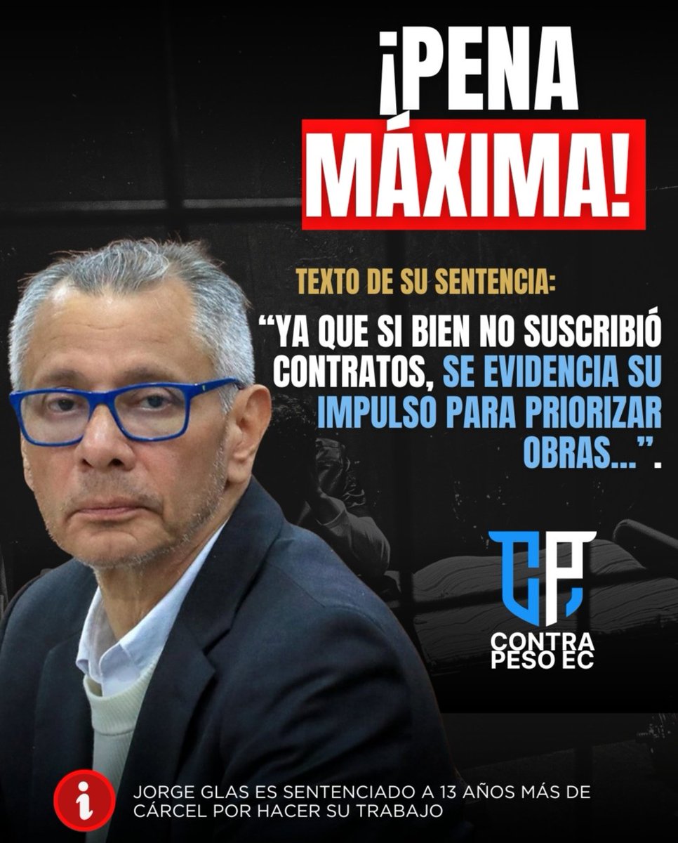 ContraPeso_Ec's tweet image. ¡𝗟𝗔𝗪𝗙𝗔𝗥𝗘 𝗩𝗜𝗚𝗘𝗡𝗧𝗘! #JorgeGlas suma 13 años más de cárcel. Pese a que el presunto delito de peculado no pudo ser demostrado, fue condenado en una insólita sentencia.
Su detención en la embajada de México en 2024 desató una crisis diplomática.
@RC5Oficial @MashiRafael