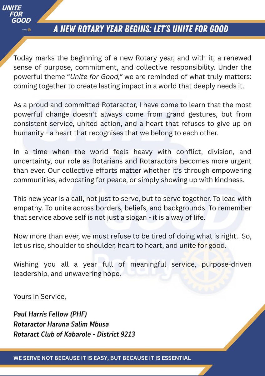Wishing all my Rotarian and Rotaractor friends a productive new year of service, 2025/26. May we continue to share our light with the world, as we Unite for Good. ✨🤍✌️