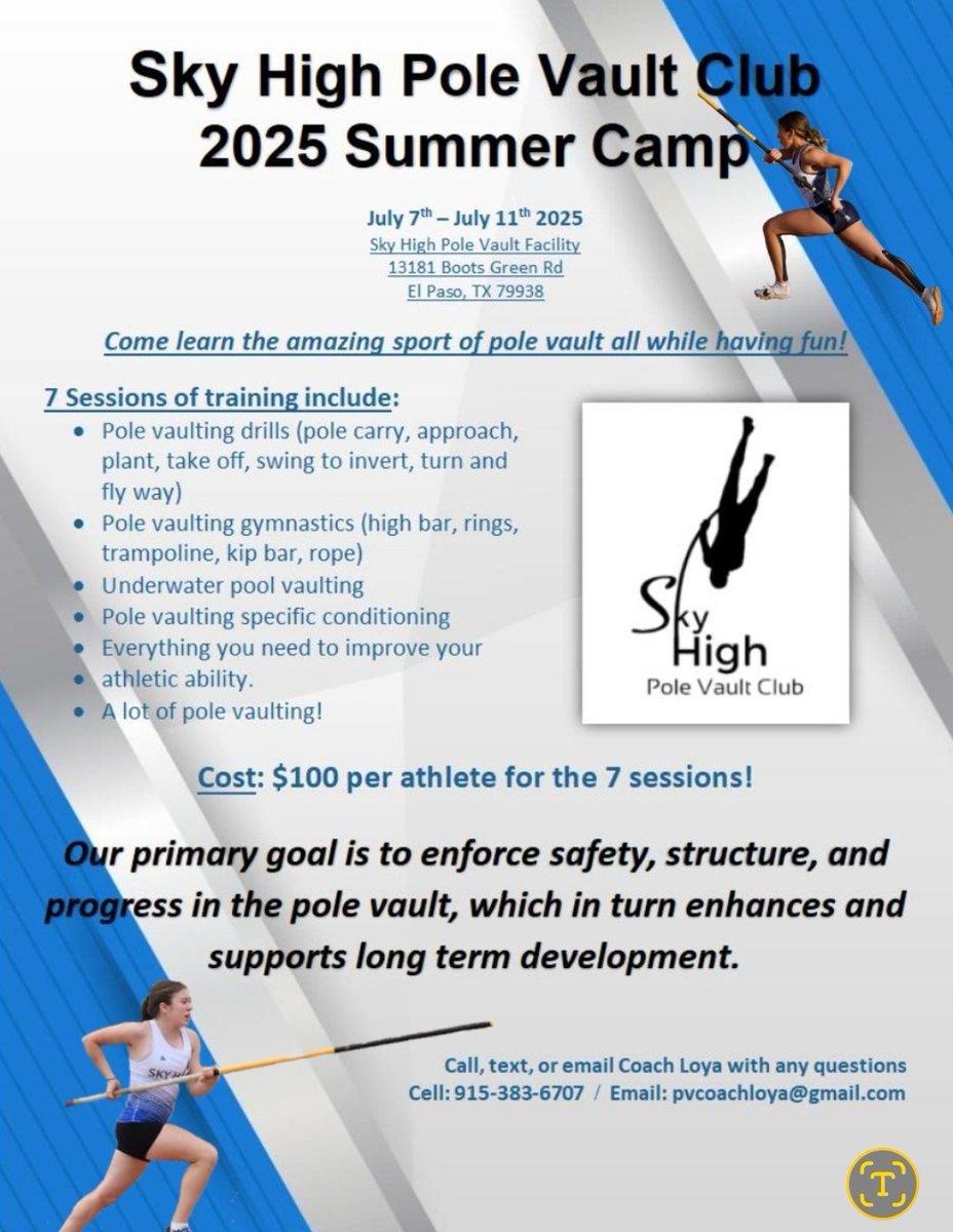 2025 SkyHigh Camp is here!! Come out, have fun, and learn this amazing sport! DM for the details!

#polevaultclub #skyhighpv_club #elpasoathletes #polevaultfriends #polevaultfamily #polevault #gymnastics #extremesports #elpasosports