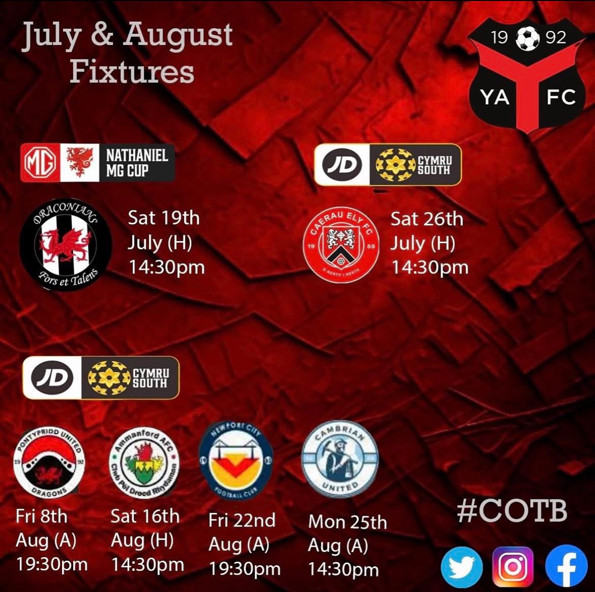 Players are working hard behind the scenes but ready to go in just 18 days first competitive fixture, first up we host Cardiff Drac’s in the first round of the Nathaniel Cup.
Season tickets are still available, reminder they cover all home league &amp; cup games
COTB JDCYMRUSOUTH❤️🖤