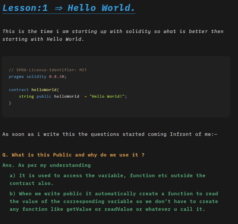 arpit1551's tweet photo. Day 1 of learning Blockchain &amp; Solidity!
Spent most of the time reading docs, figuring out stuff like PoW, PoS, wallets, gas fees, smart contracts
Wrote my first HelloWorld too.Started noting things on Notion.
Any tips ? 🙌
#Web3 #Solidity #Connect #Blockchain #Ethereum #Trending https://t.co/FUVY70pFqF