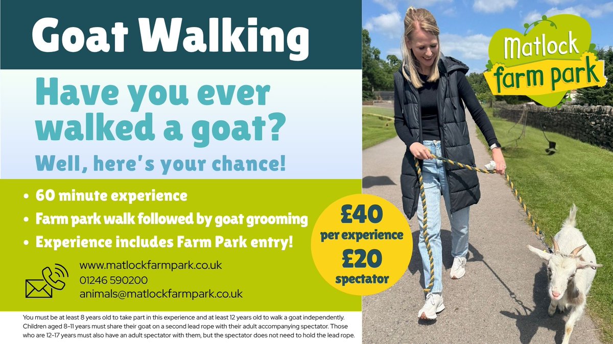 🐐❗NEW EXPERIENCE❗🐐

Goat walking has landed at Matlock Farm Park 🐐😃 This wonderful new experience gives you the chance to get up close to our curious goats, take them on a gentle walk around the farm, give them a groom and learn all about them 🥰

PLUS the experience