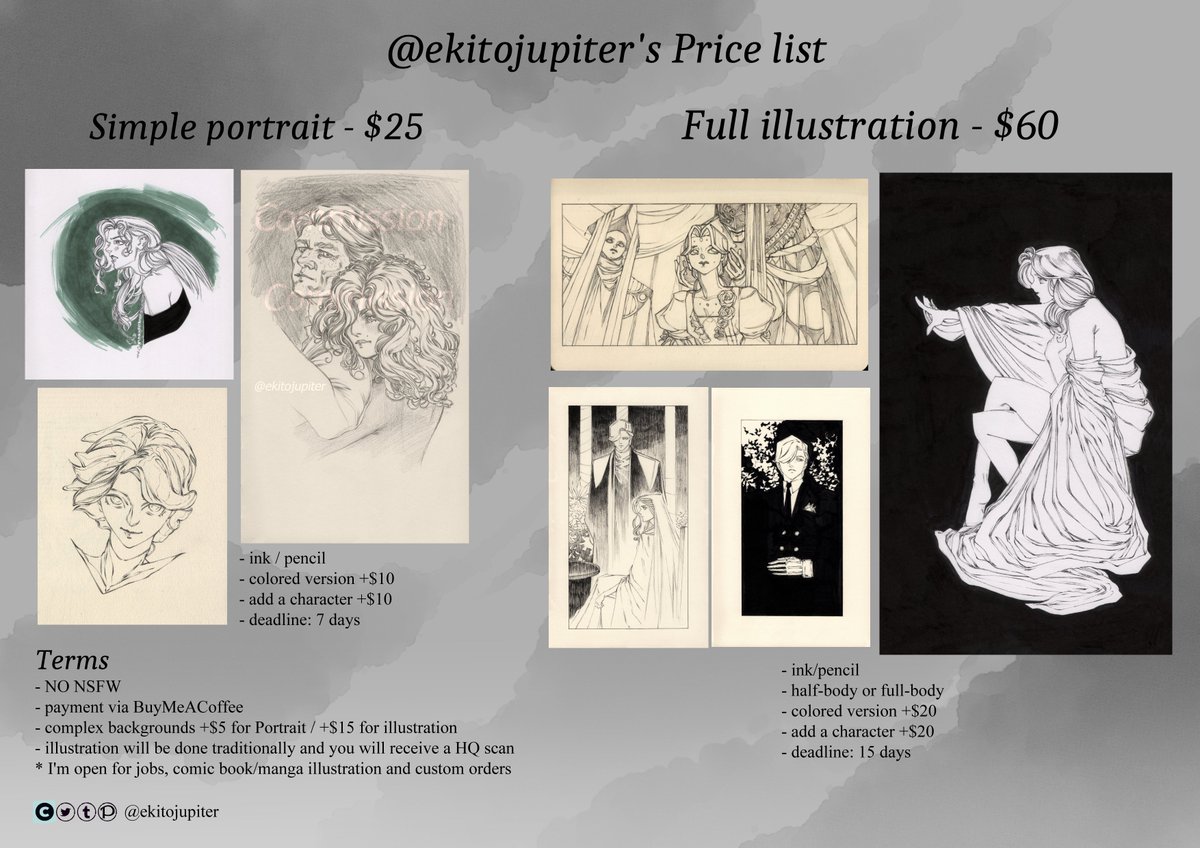 EkiToJupiter's tweet image. A small reminder that my commissions are open!
-Traditionally done with pen and ink! ✒️
-Original artwork can be shipped to you! ✉️
-I can draw your favourite character or your own OC (or both!)
Feel free to send me a DM if you have any questions!
#commissionsopen #traditionalart