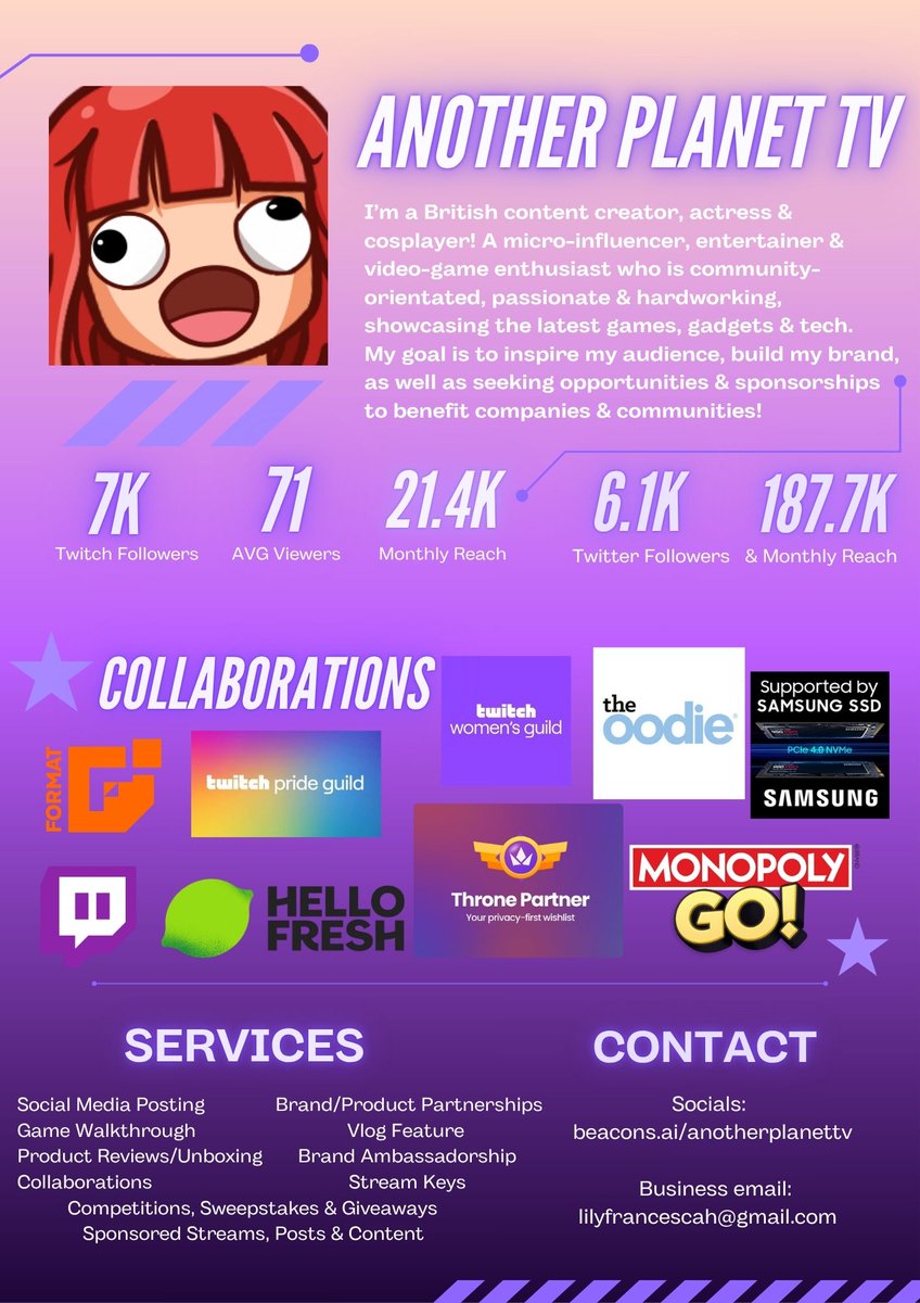 AnotherPlanetTV's tweet image. I'm AnotherPlanetTV!🪐
Award-Winning British @DeadbyDaylight content creator, Actress & Cosplayer!
Member of Twitch Women's Guild & Twitch Pride Guild!
Pushing Twitch Partner this year!💜
🔴Twitch.tv/AnotherPlanetTV
Socials: beacons.ai/anotherplanettv
✉️lilyfrancescah@gmail.com
