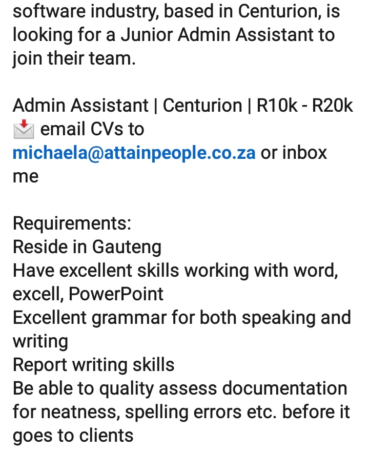 CarolBoitumelo1's tweet photo. We are hiring a Junior Admin Assistant to join our team in Centurion, Gauteng.

Salary : R10K - R20K per month 
Email your CV to michaela@attainpeople.co.za https://t.co/D2IPdueZNe