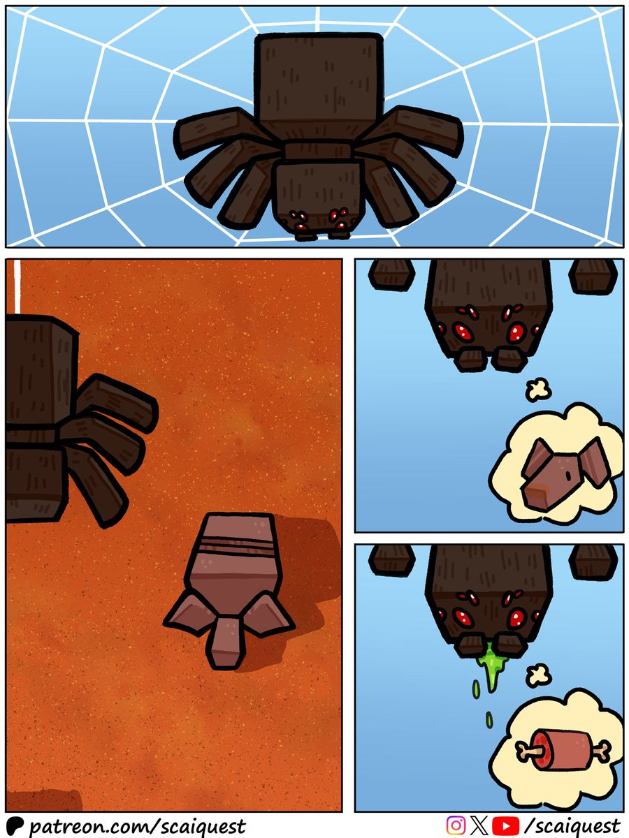ScaiQuest's tweet image. 🥳New comic: "The cutest predator"! A clear case of looks over character. 🕷️

👀Join us on Patreon (patreon.com/scaiquest) for early &amp;amp; behind-the-scenes access, HD art and bonus panels!

#minecraft #minecraftcomic #minecraftart #comicstrip #webcomic #minecraftmemes