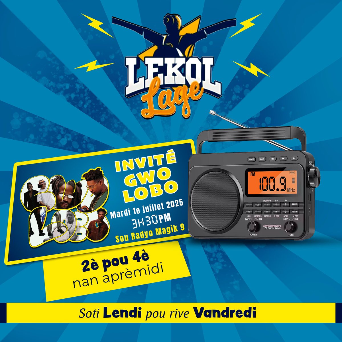 À l’émission Lekòl Lage ce mardi 1er juillet 2025, nous recevons le groupe Gwolobo. Ambassadeurs du rara tech, ces artistes viendront partager les coulisses de la création de leur tout dernier morceau intitulé "Pa ni pwoblèm", fraîchement sorti, et nous parleront de leurs projets