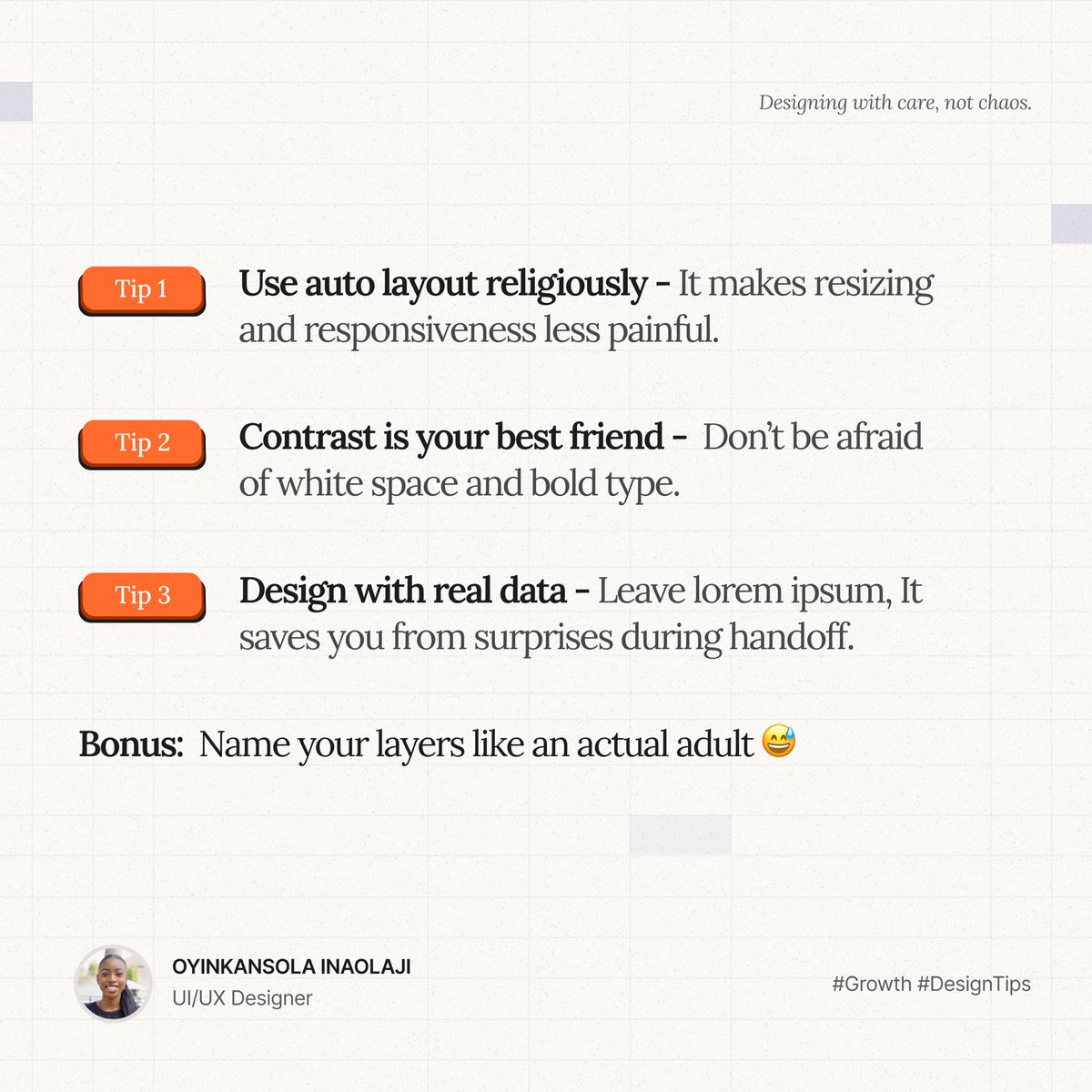 oyinkannnn's tweet image. Tiny habits, big difference.

3 things that made me a more intentional UI designer:
- Auto layout every time
- Contrast over color
- Real content early

Not fancy, just effective.

#UIDesign #FigmaTips #DesignTwitter #ProductDesign