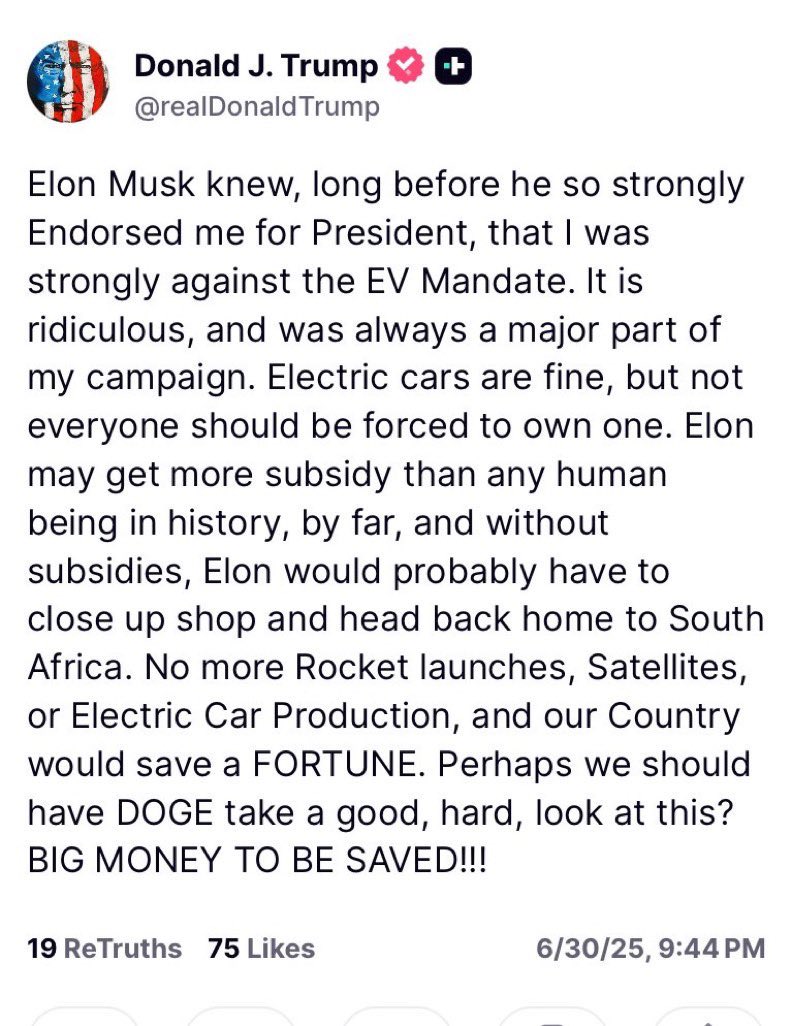 Trump may still be better than Kamala. But this is completely retarded. Without Elon, the USA is on a fast track to being conquered.

Where will we get rockets oh mighty Donald? Who will help us with batteries, or to modernize our manufacturing? 

Losing respect (again) quickly.
