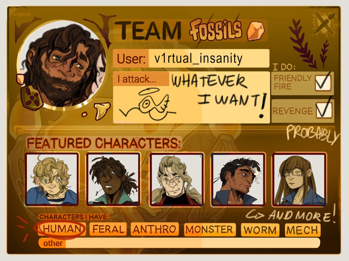 v1rtual_idiocy's tweet image. IM DOING MY FIRST ARTFIGHT YEAH!!!! I'm a jayvik guy but I'm first and foremost an oc guy I can't wait to draw all the cool characters and would be honored if anyone drew mine!!
#artfight #artfight2025 #teamfossils