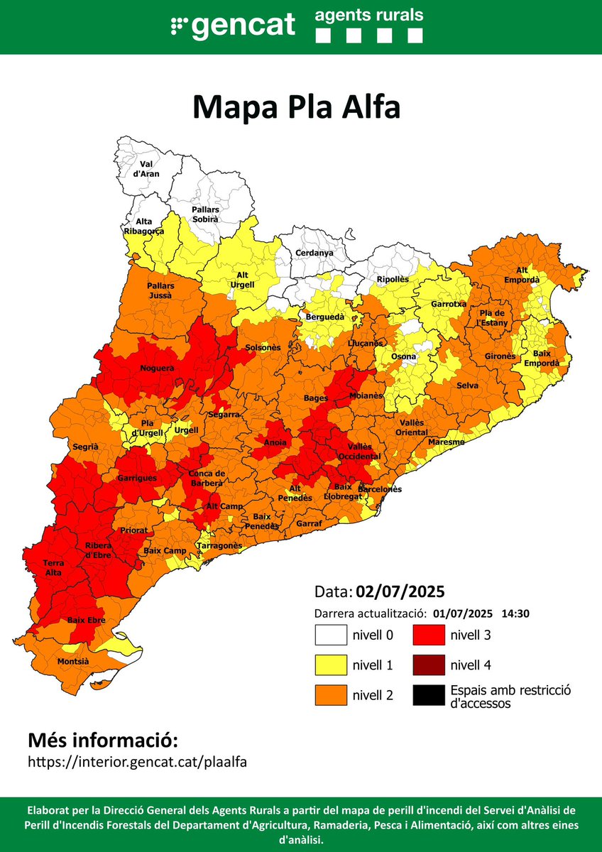 ‼ Risc elevat d’#incendi forestal 🔥 #Montserrat

🔴 2/07 activat #PlaAlfa 3 a tots els municipis del <a href="/PNMontserrat/">PN Montserrat</a>

⚠️ Extrema la precaució en activitats al #medi #natural
❌ No encenguis foc
❌ No llencis burilles ni deixalles
📞 Davant qualsevol indici de foc, truca al <a href="/112/">112</a>