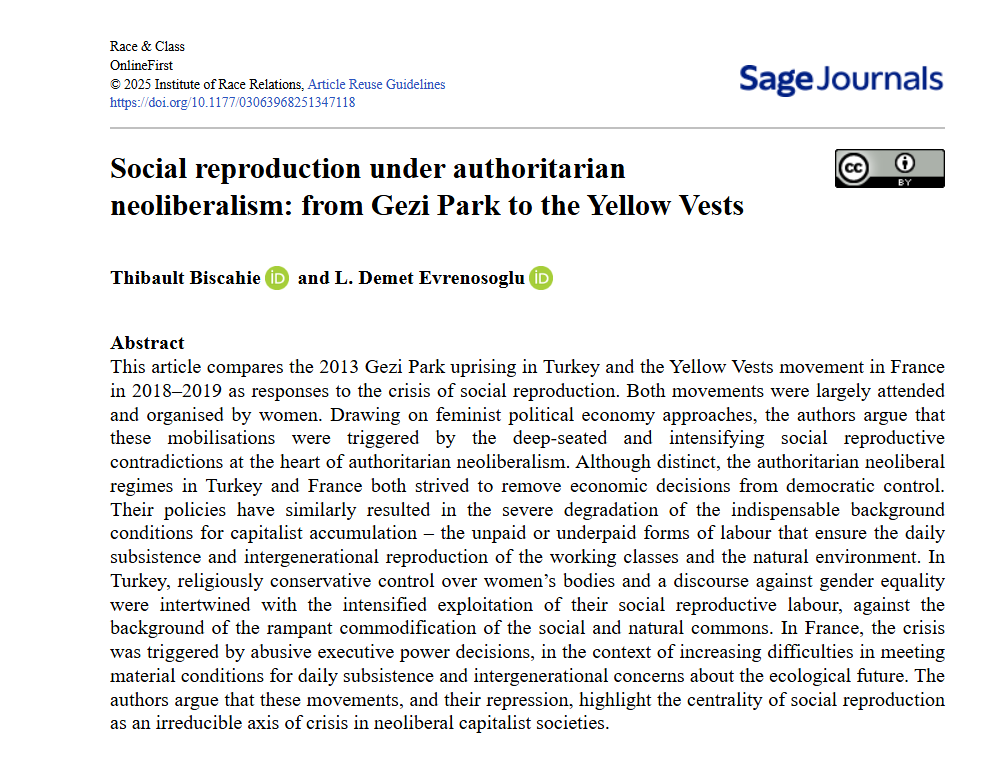 Critical Social Science Insights (@crit_social_sci) on Twitter photo 🚨🚨New at <a href="/Race_Class/">Race & Class</a>: "Social reproduction under authoritarian neoliberalism: from Gezi Park to the Yellow Vests"
journals.sagepub.com/doi/10.1177/03…👈🔗📖 🚨🚨New at <a href="/Race_Class/">Race & Class</a>: "Social reproduction under authoritarian neoliberalism: from Gezi Park to the Yellow Vests"
journals.sagepub.com/doi/10.1177/03…👈🔗📖