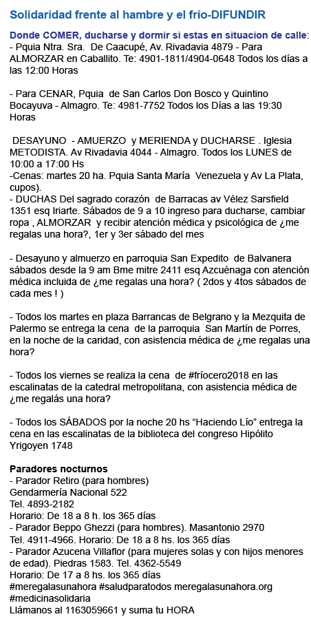 Solidaridad frente al hambre y el frío-DIFUNDIR Donde COMER, ducharse y dormir si estas en situacion de calle: