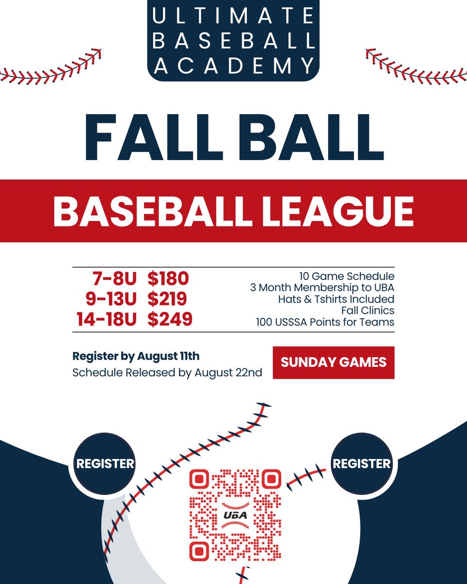 FALL BALL REGISTRATION IS LIVE⚾️

Scan the QR code or use the link to register and see all of the information!

BONUS - Get registered by 7/15 to have Hack Attack Machines + Hit Trax Software as part of your membership! 

🔗 ubanebraska.com/omaha-fall-bas…