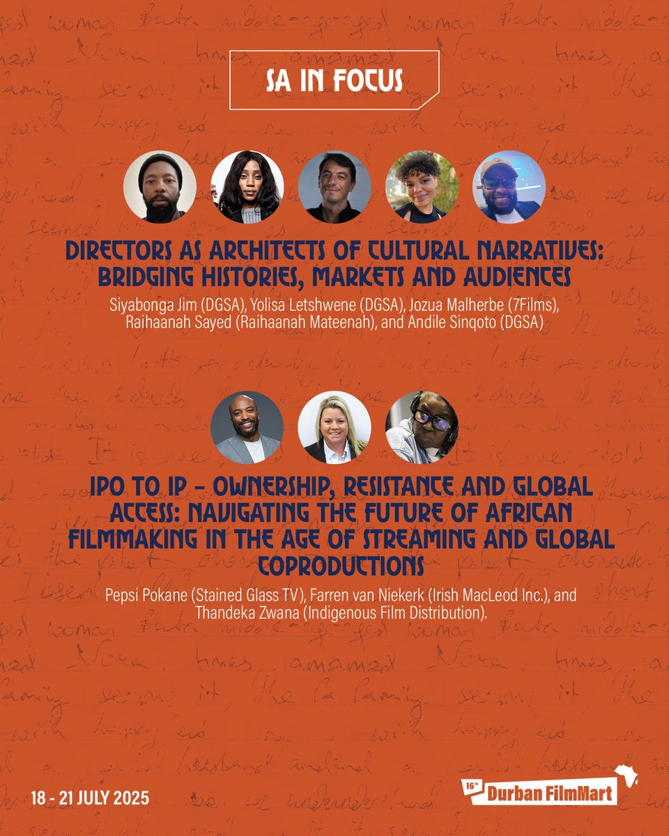 durbanfilmmart's tweet photo. This year, DFM’s SA in Focus stream explores the future of South African film across 9 thought-provoking sessions, tackling AI, ownership, guild collaboration, contracts and more. Join the conversation from 18 - 21 July at Elangeni Hotel, Durban. https://t.co/fPp2iLLpZk