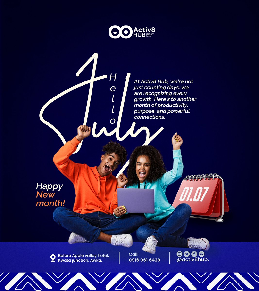 activ8hub's tweet photo. Hello July!
Let’s embrace growth, learning, and all the amazing moments July has in store for us.
Let’s make this month even better, together!.
#Activ8NoCodeSchool #activ8hub #workspaceinawka #techhubinawka #newmonth https://t.co/wrchRYTpTX