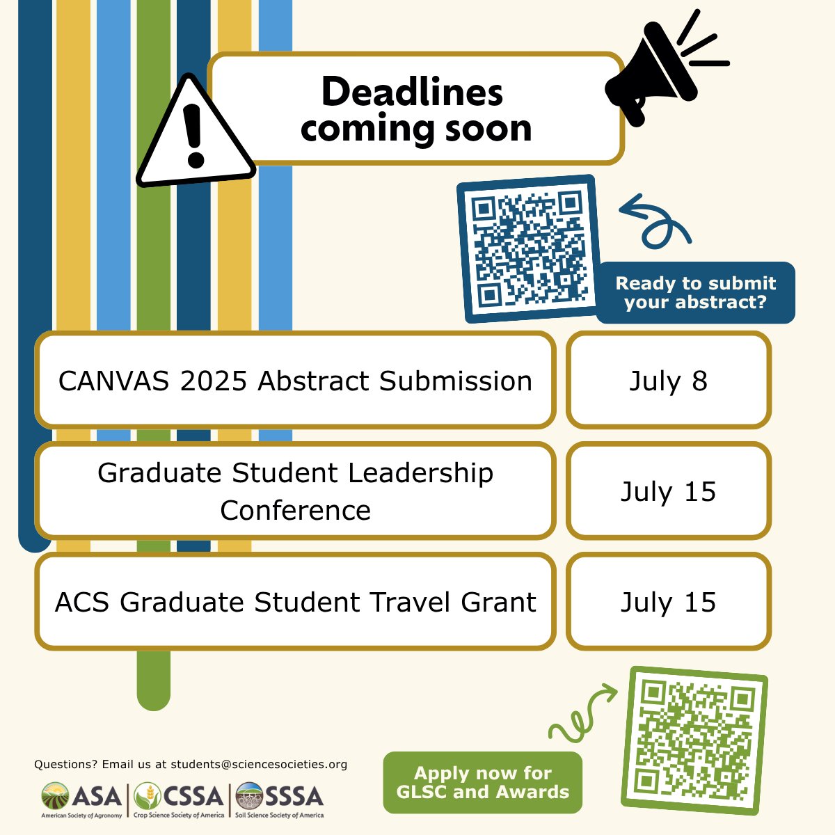 ACSGradStudents's tweet image. Don’t miss out, get involved and make the most of #CANVAS2025!
🚨 Deadlines ahead! 🚨
Want to share your science? 🧪Abstract submissions close July 8!
Looking to boost your leadership skills or secure funding support? 🧠💸 Applications close July 15!
#Gradstudents #ACSgrads