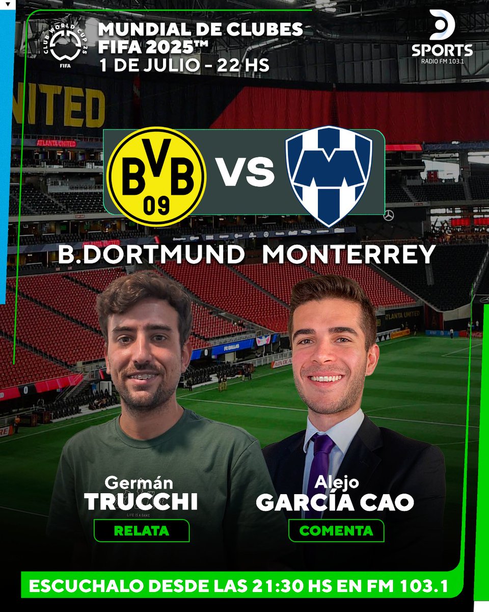 ¿TENDREMOS BATACAZO? 🚨

Borussia Dortmund y Monterrey se medirán en búsqueda del pase a los cuartos de final del Mundial de Clubes FIFA 2025™ 🏆

Lo podés escuchar desde las 21:30 en DSPORTS Radio FM 103.1 #ElSonidoDelDeporte, con los relatos de <a href="/gtrucchi_/">German</a> y los comentarios de