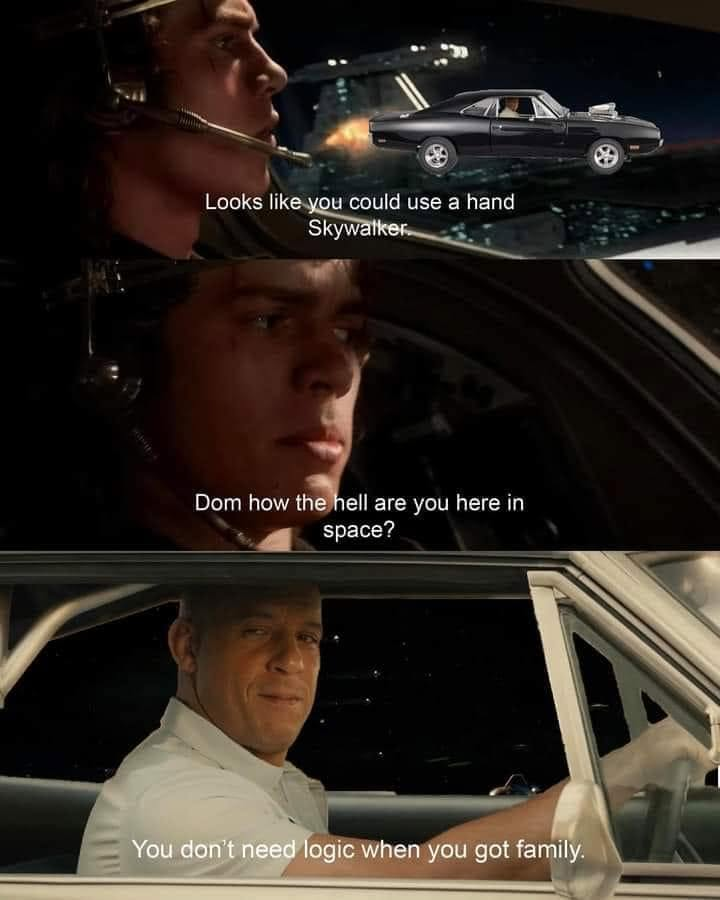 I marvel at the mythic storytelling of the Fast and Furious franchise.

When I watched the first movie, I thought that car jackers using harpoons to snare trucks was absurd. It was a step to far.

By the 10th I was all in on cars in space. ALL IN.