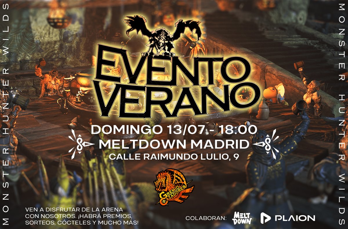 Gremio de Cazadores (@gremiocazadores) on Twitter photo ⚠️ ¡EVENTO DE VERANO! ⚠️
Lagiacrus y Seregios no llegan solos… ¡se viene eventazo veraniego! 🏝️
📍 <a href="/MeltdownMadrid/">Meltdown Madrid</a>
🗓️ Domingo 13 de julio
🕕 18:00h
🍹 Bebidas tematizadas para combatir el calor
¿Queréis participar? Apuntaos con vuestra pareja aquí:
👉 forms.gle/t3ZPMGAFGEb1jr… ⚠️ ¡EVENTO DE VERANO! ⚠️
Lagiacrus y Seregios no llegan solos… ¡se viene eventazo veraniego! 🏝️
📍 <a href="/MeltdownMadrid/">Meltdown Madrid</a>
🗓️ Domingo 13 de julio
🕕 18:00h
🍹 Bebidas tematizadas para combatir el calor
¿Queréis participar? Apuntaos con vuestra pareja aquí:
👉 forms.gle/t3ZPMGAFGEb1jr…