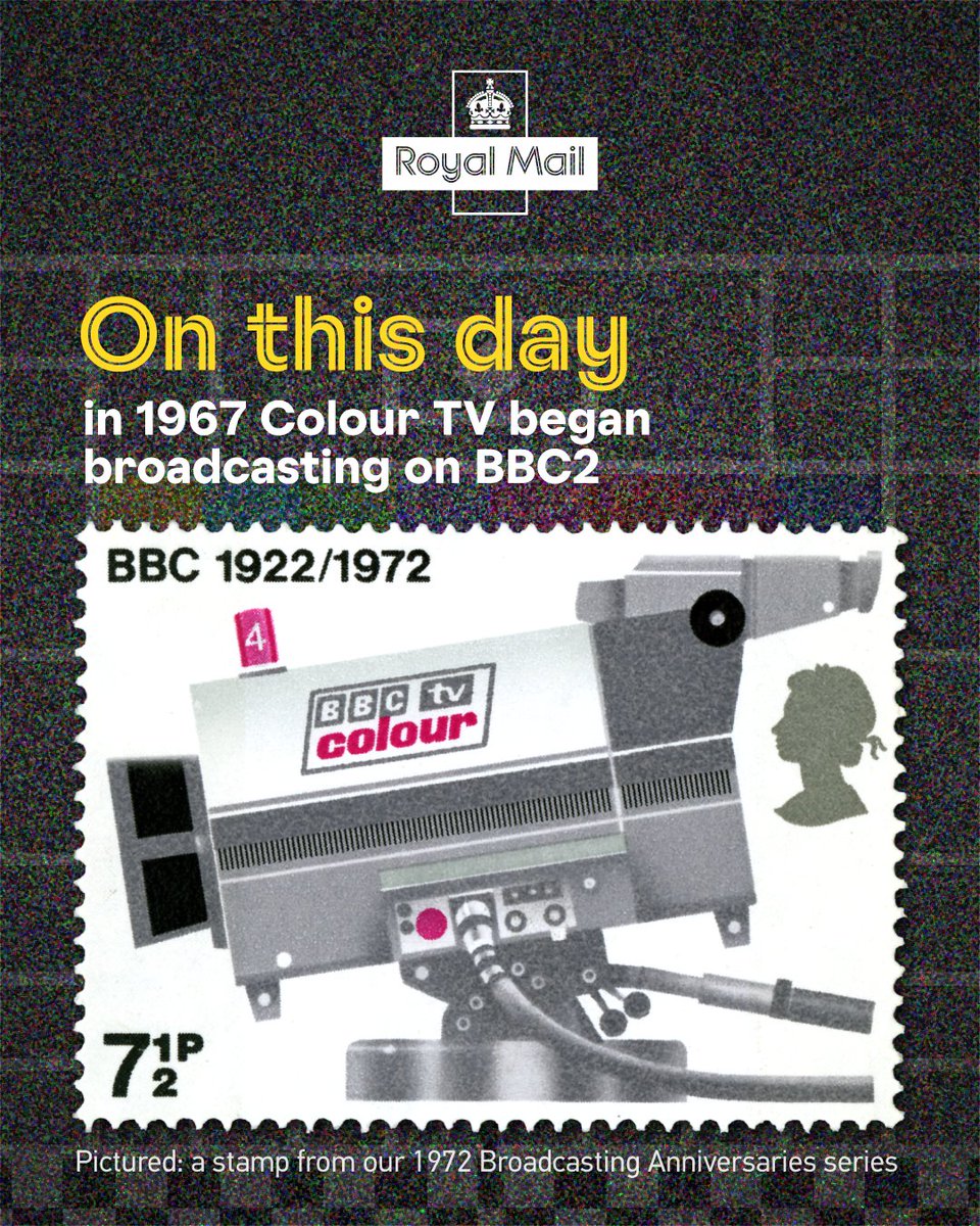 #OnThisDay in 1967, the BBC began TV broadcasting in colour on BBC2 with coverage of #Wimbledon

Pictured: a stamp from our 1972 Broadcasting Anniversaries stamp series