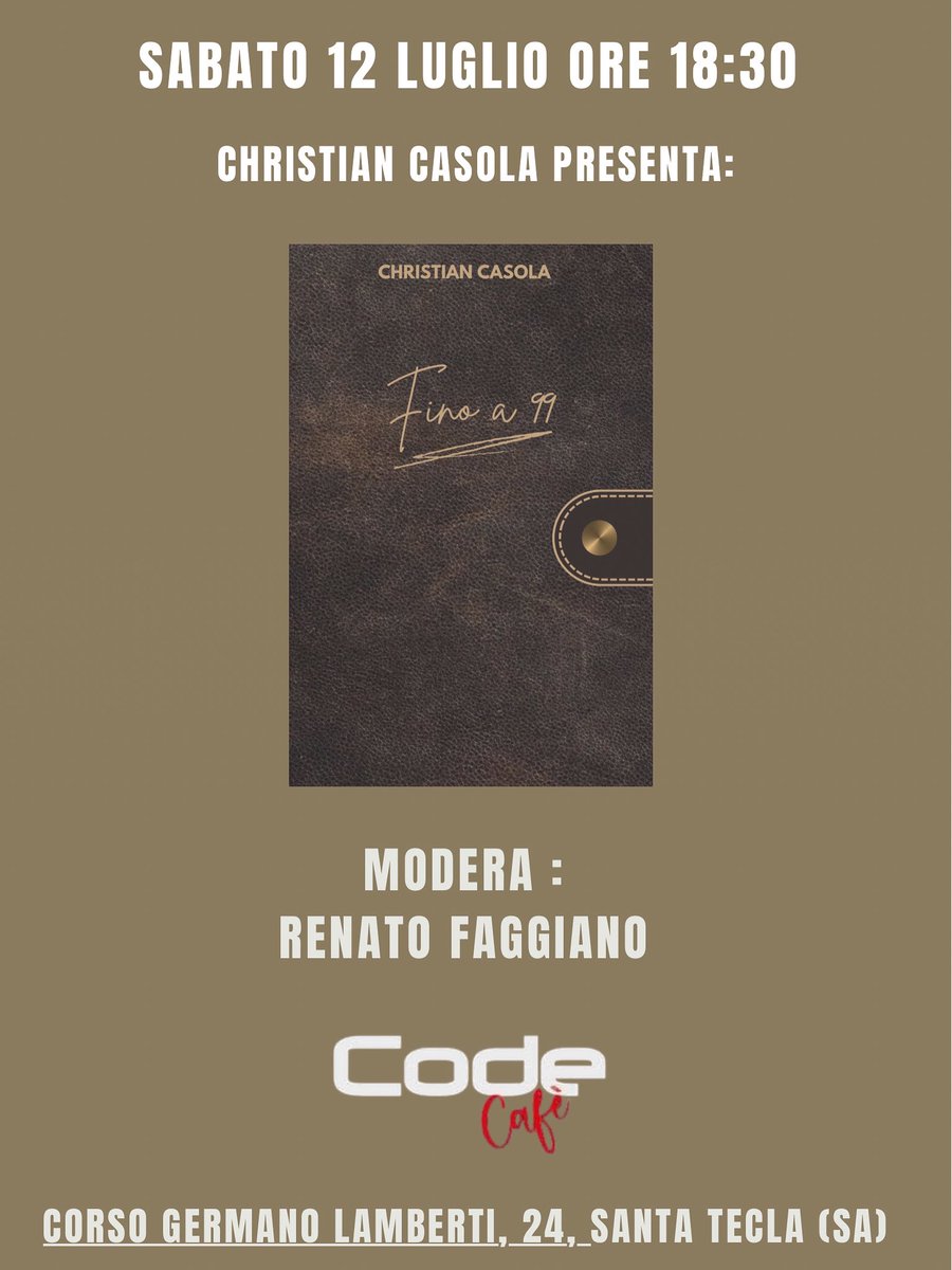 ChCasola's tweet image. What’s Up Guys ! Vi aspetto Sabato 12 Luglio Ore 18:30 per la presentazione di Fino a 99 al Code Cafè per gustare un ottimo aperitivo in compagnia di un buon libro 😉

#presentazione #finoa99christiancasola #codecafe #santatecla #christiancasolaofficial #presentazionelibro