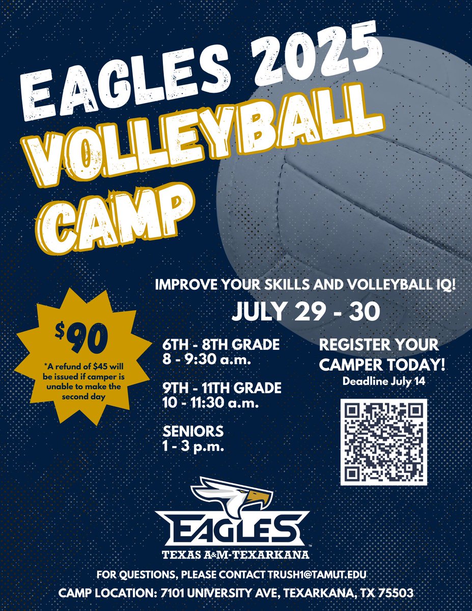🏐 Sharpen Your Skills at Eagles Volleyball Camp! 🏐

Join us July 29–30 for two days of skill-building and fun on the court! 💪

• 6th–8th graders | 8:00–9:30am
• 9th–11th graders | 10:00–11:30am
• Seniors | 1:00–3:00pm

Register here: shorturl.at/d6cgu